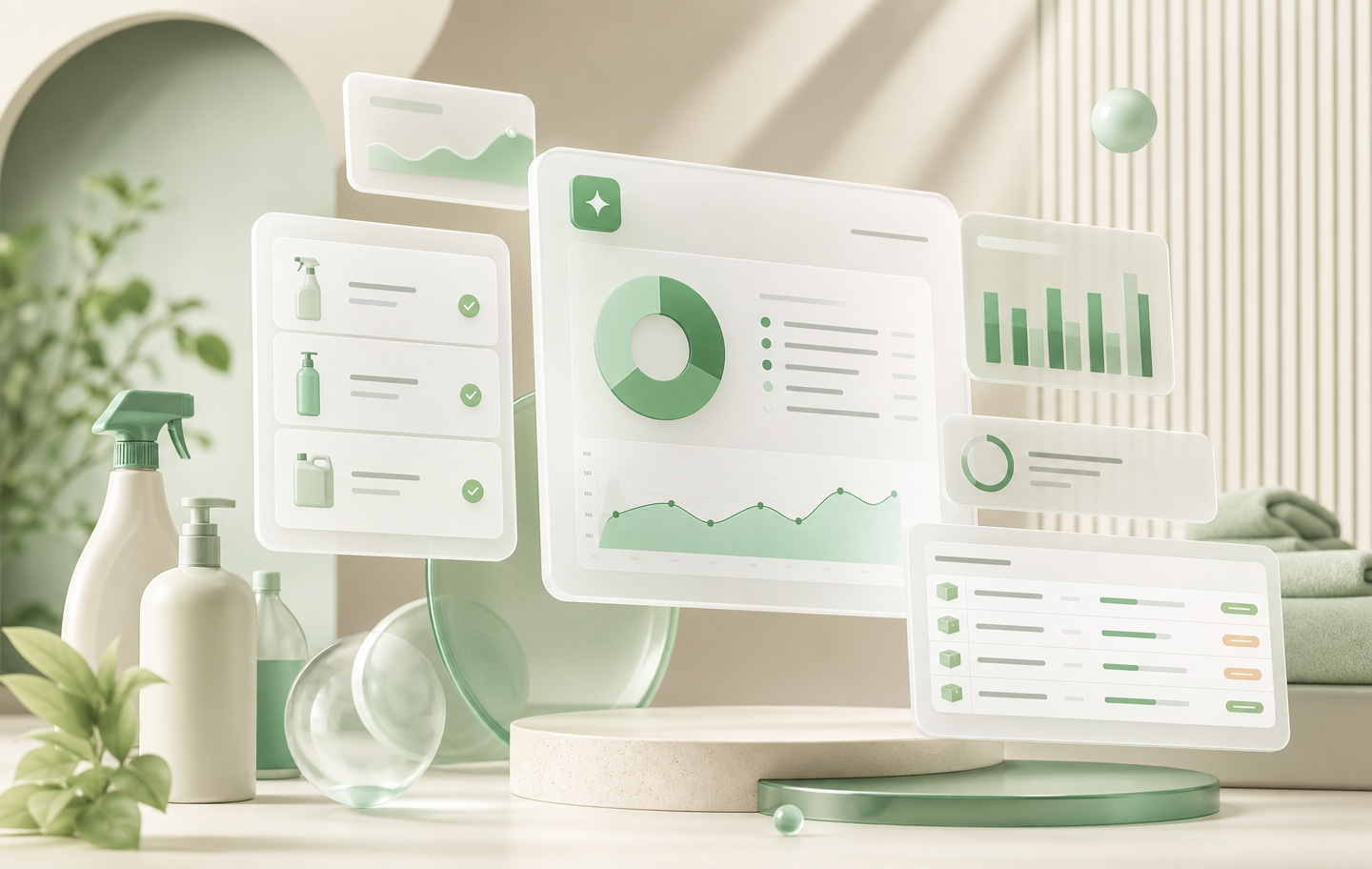 SparkleSense Pro inventory dashboard showing supply analytics, reorder alerts, and usage forecasts